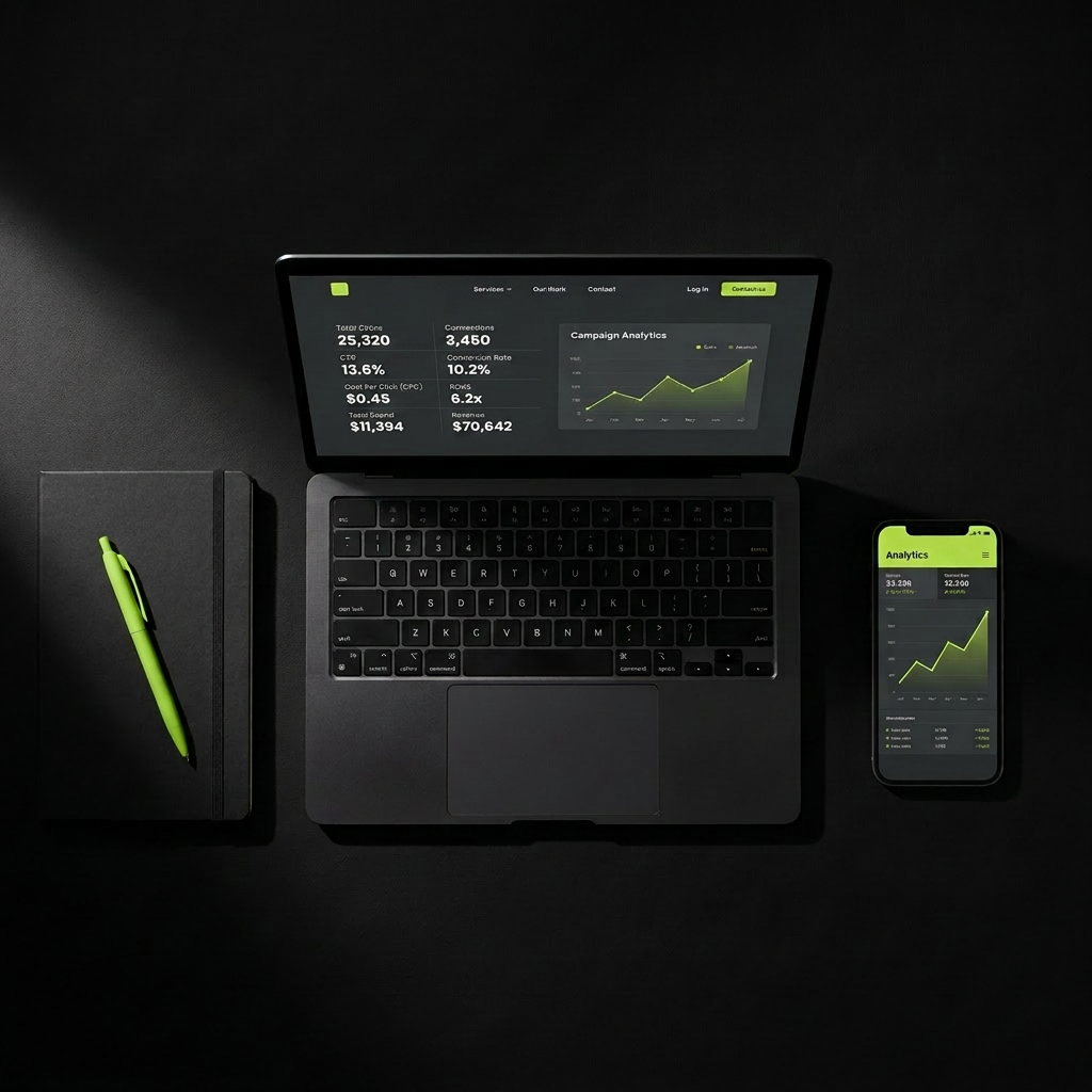 Furious Digital trade marketing agency — dark professional workspace with analytics dashboard showing upward results