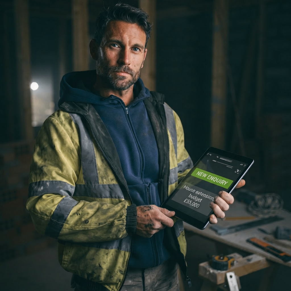 Builder reviewing a new professional website on a tablet on a construction site — Furious Digital marketing for builders UK