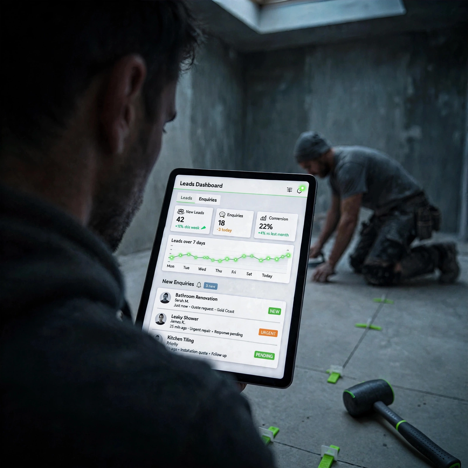 Tiler laying large-format porcelain tiles in a modern bathroom — Furious Digital marketing for tilers UK