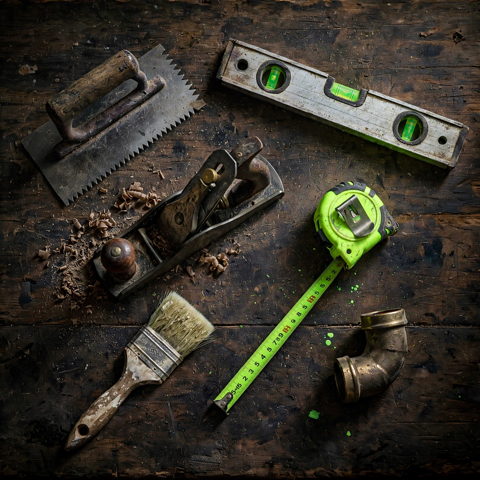 Traditional trade tools — saw, plane, spirit level, paint brush, tape measure and brass pipe fitting — arranged on a dark timber workbench representing UK trade sectors served by Furious Digital