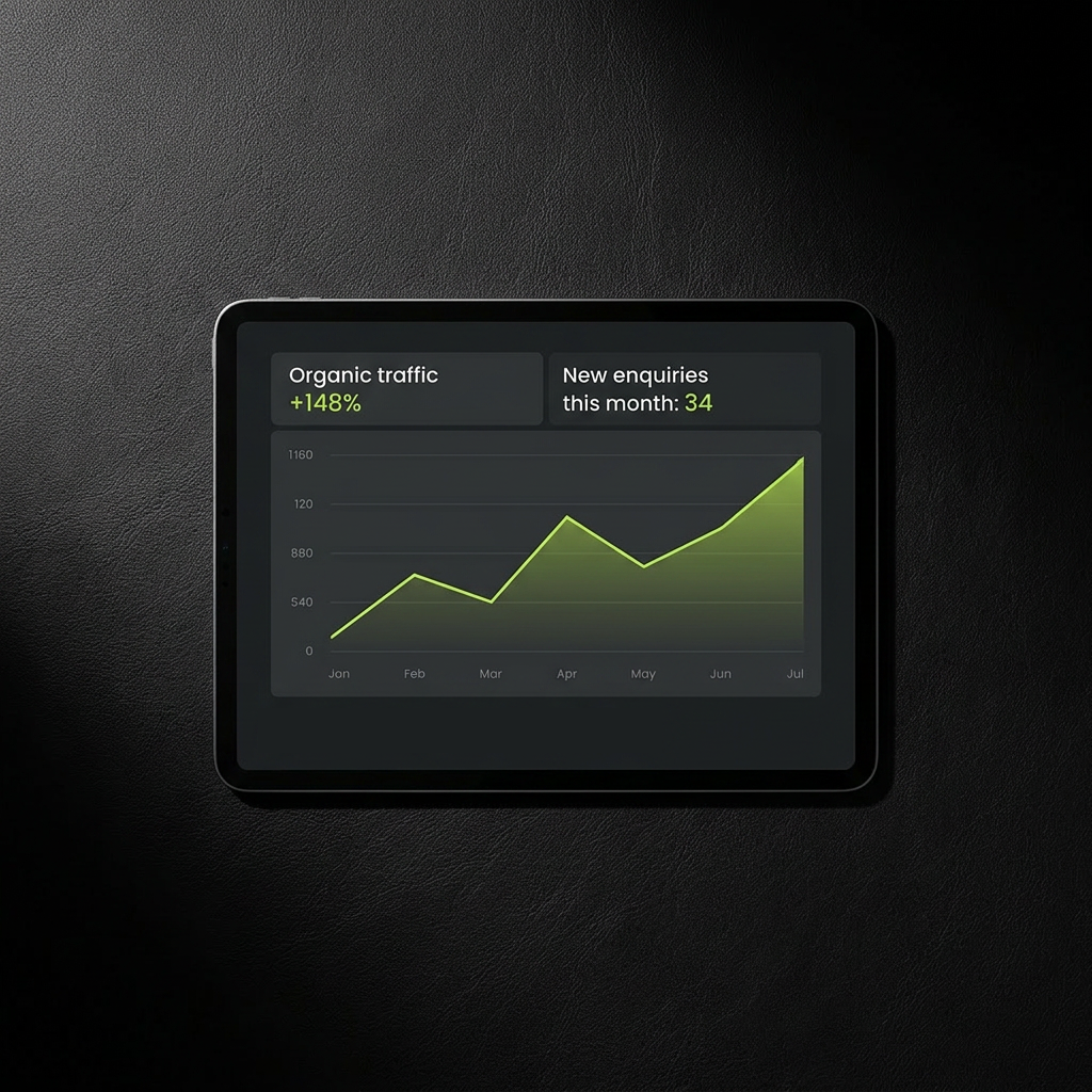 Marketing analytics dashboard showing trade business enquiry growth and ranking improvements — Furious Digital results reporting