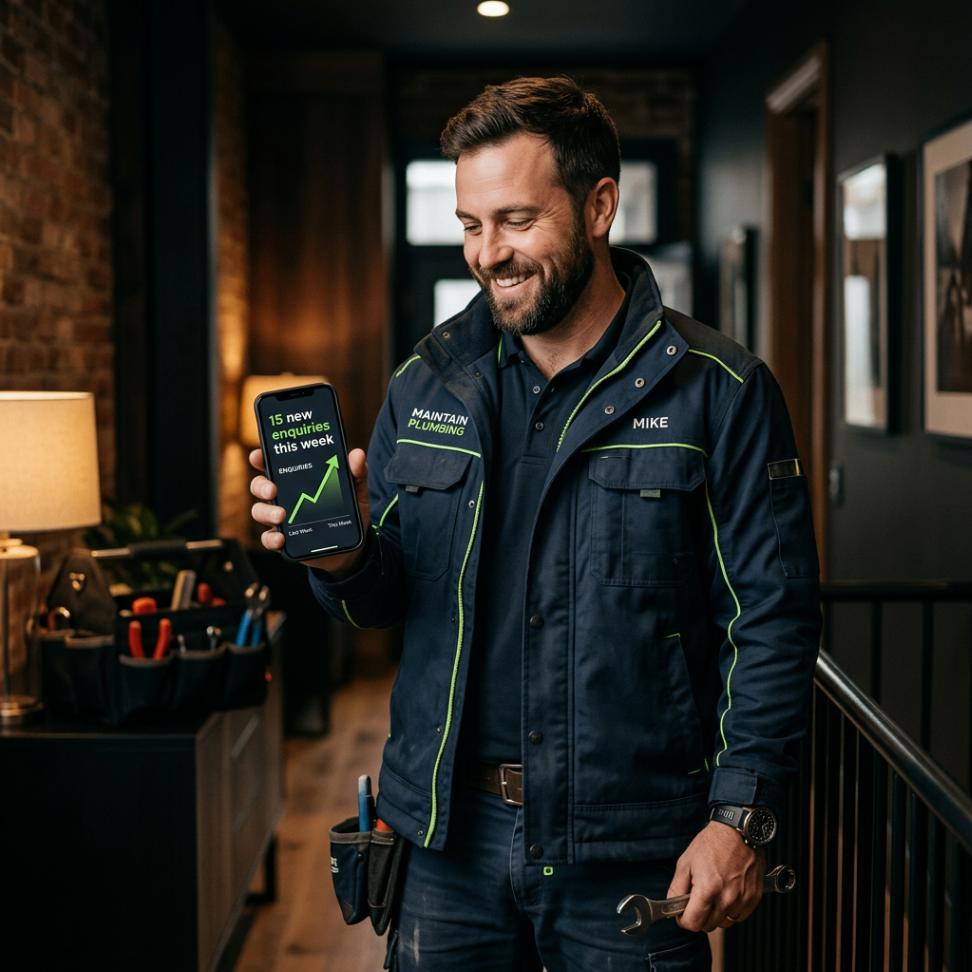 Plumber at a job looking at phone showing 15 new enquiries this week — Furious Digital marketing for plumbers UK